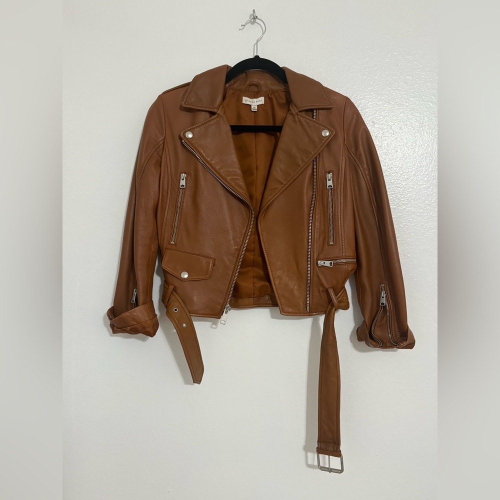 Gianni Bini Brown Leather Moto Jacket Belted Zippered